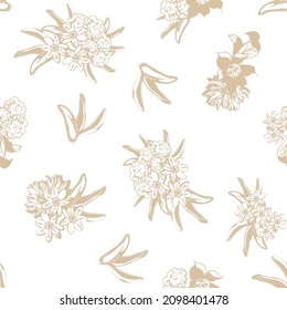 Abstract seamless pattern with plants, herbs and flowers, botanical illustration.