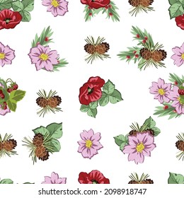 Abstract seamless pattern with plants, herbs and flowers, botanical illustration.