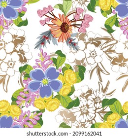 Abstraktes nahtloses Muster mit Pflanzen, Kräutern und Blumen, botanische Illustration.