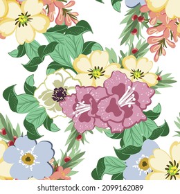 Abstract seamless pattern with plants, herbs and flowers, botanical illustration.