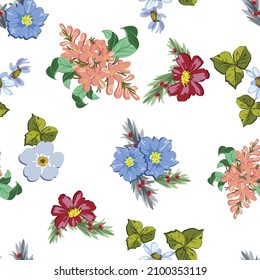 Abstraktes nahtloses Muster mit Pflanzen, Kräutern und Blumen, botanische Illustration.