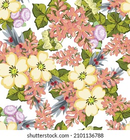 Abstract seamless pattern with plants, herbs and flowers, botanical illustration.