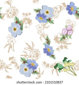 Resumen de patrón sin fisuras con plantas, hierbas y flores, ilustración botánica.