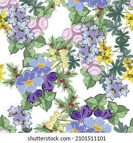 Abstract seamless pattern with plants, herbs and flowers, botanical illustration.