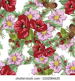 Abstract seamless pattern with plants, herbs and flowers, botanical illustration.