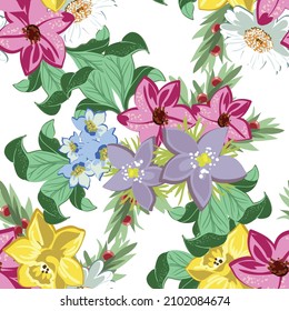 Abstract seamless pattern with plants, herbs and flowers, botanical illustration.
