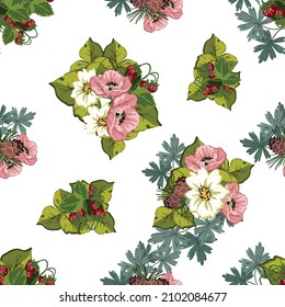 Abstract seamless pattern with plants, herbs and flowers, botanical illustration.