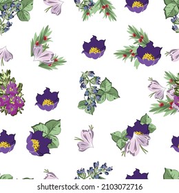 Abstract seamless pattern with plants, herbs and flowers, botanical illustration.
