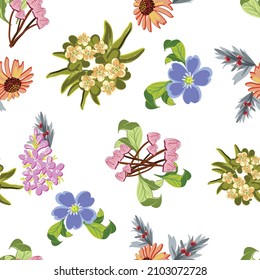 Abstract seamless pattern with plants, herbs and flowers, botanical illustration.