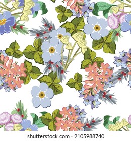 Abstract seamless pattern with plants, herbs and flowers, botanical illustration.