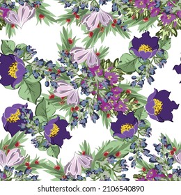 Abstract seamless pattern with plants, herbs and flowers, botanical illustration.