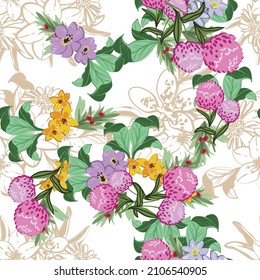 Abstract seamless pattern with plants, herbs and flowers, botanical illustration.