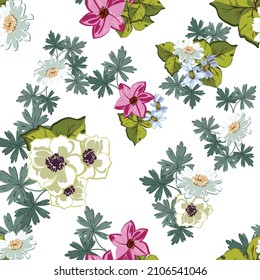 Resumen de patrón sin fisuras con plantas, hierbas y flores, ilustración botánica.