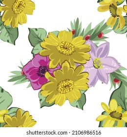 Abstract seamless pattern with plants, herbs and flowers, botanical illustration.