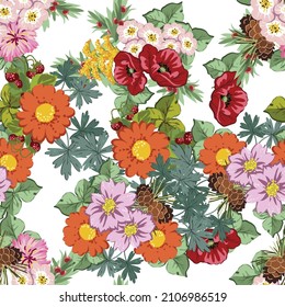 Abstract seamless pattern with plants, herbs and flowers, botanical illustration.