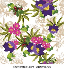 Abstract seamless pattern with plants, herbs and flowers, botanical illustration.