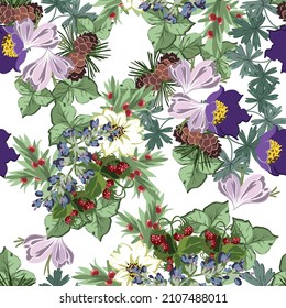 Abstract seamless pattern with plants, herbs and flowers, botanical illustration.
