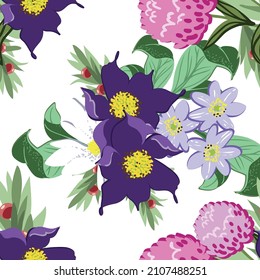 Abstract seamless pattern with plants, herbs and flowers, botanical illustration.