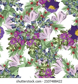 Abstract seamless pattern with plants, herbs and flowers, botanical illustration.