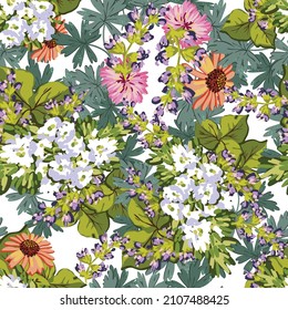Abstract seamless pattern with plants, herbs and flowers, botanical illustration.