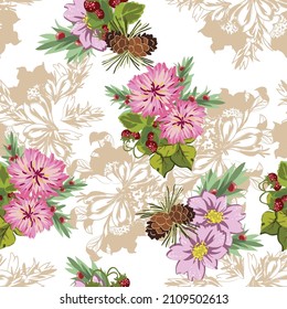 Abstract seamless pattern with plants, herbs and flowers, botanical illustration.