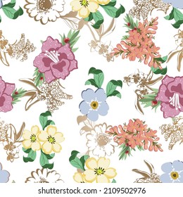 Abstract seamless pattern with plants, herbs and flowers, botanical illustration.