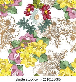 Abstract seamless pattern with plants, herbs and flowers, botanical illustration.