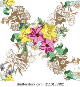 Abstract seamless pattern with plants, herbs and flowers, botanical illustration.