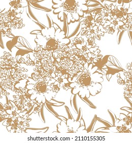 Abstract seamless pattern with plants, herbs and flowers, botanical illustration.