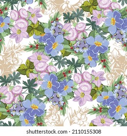 Abstraktes nahtloses Muster mit Pflanzen, Kräutern und Blumen, botanische Illustration.
