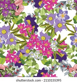 Abstract seamless pattern with plants, herbs and flowers, botanical illustration.