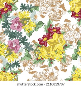 Abstract seamless pattern with plants, herbs and flowers, botanical illustration.