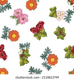 Abstract seamless pattern with plants, herbs and flowers, botanical illustration.