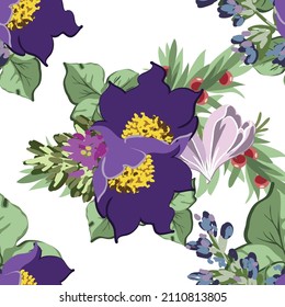 Abstract seamless pattern with plants, herbs and flowers, botanical illustration.