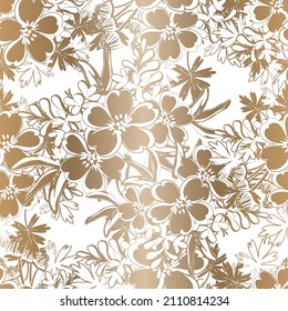 Abstract seamless pattern with plants, herbs and flowers, botanical illustration.