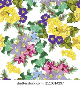 Abstract seamless pattern with plants, herbs and flowers, botanical illustration.