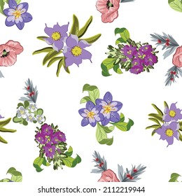 Abstract seamless pattern with plants, herbs and flowers, botanical illustration.