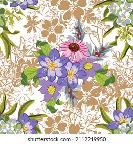 Abstract seamless pattern with plants, herbs and flowers, botanical illustration.