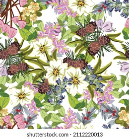 Abstract seamless pattern with plants, herbs and flowers, botanical illustration.