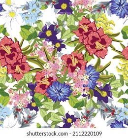 Abstract seamless pattern with plants, herbs and flowers, botanical illustration.