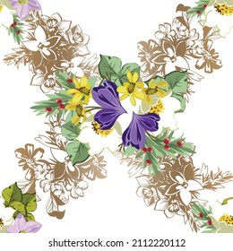 Abstract seamless pattern with plants, herbs and flowers, botanical illustration.