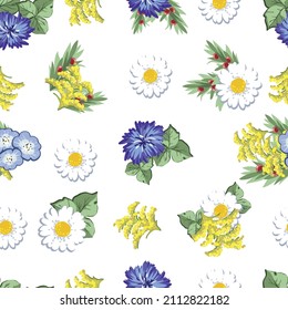 Abstract seamless pattern with plants, herbs and flowers, botanical illustration.