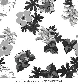 Abstract seamless pattern with plants, herbs and flowers, botanical illustration.