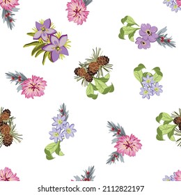 Abstract seamless pattern with plants, herbs and flowers, botanical illustration.