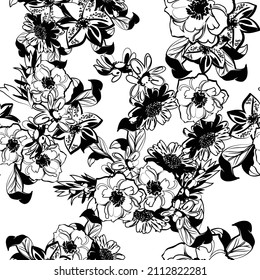 Resumen de patrón sin fisuras con plantas, hierbas y flores, ilustración botánica.