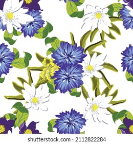 Resumen de patrón sin fisuras con plantas, hierbas y flores, ilustración botánica.