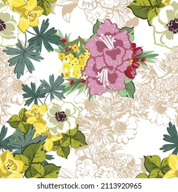 Abstract seamless pattern with plants, herbs and flowers, botanical illustration.