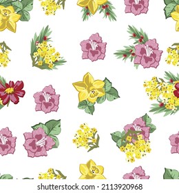 Abstract seamless pattern with plants, herbs and flowers, botanical illustration.