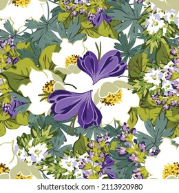 Abstract seamless pattern with plants, herbs and flowers, botanical illustration.