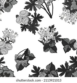 Resumen de patrón sin fisuras con plantas, hierbas y flores, ilustración botánica.